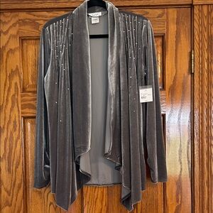 Kate Hill Gray Velvet Open Front Cardigan with Sequin Details, NWT